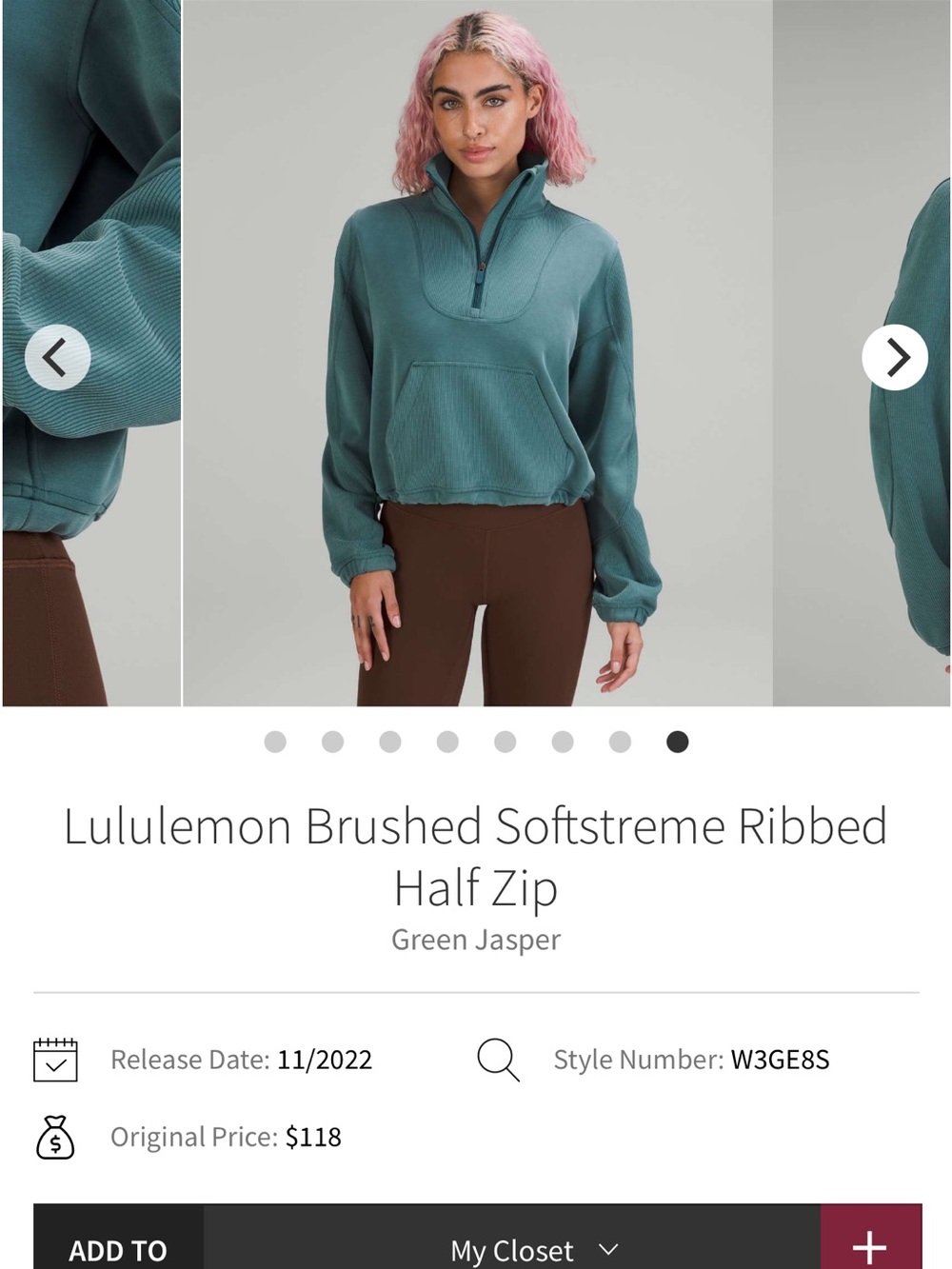 lululemon athletica Green Jasper Brushed Softstreme Ribbed Half Zip Sweatshirt
